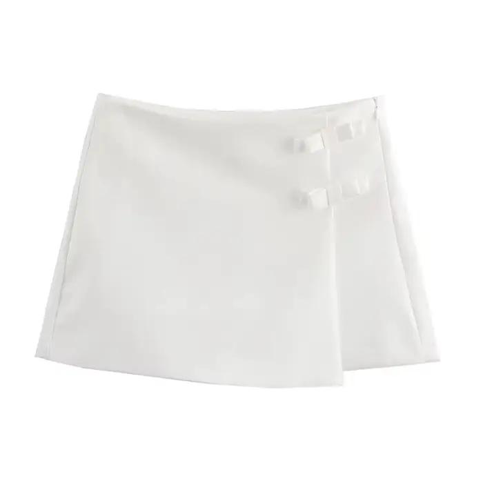 Mini Jupe Rose Blanche Avec Nœud Papillon Pour Femme Occasionnels Spéciaux Haute Taille Courte Fendue Polyestère