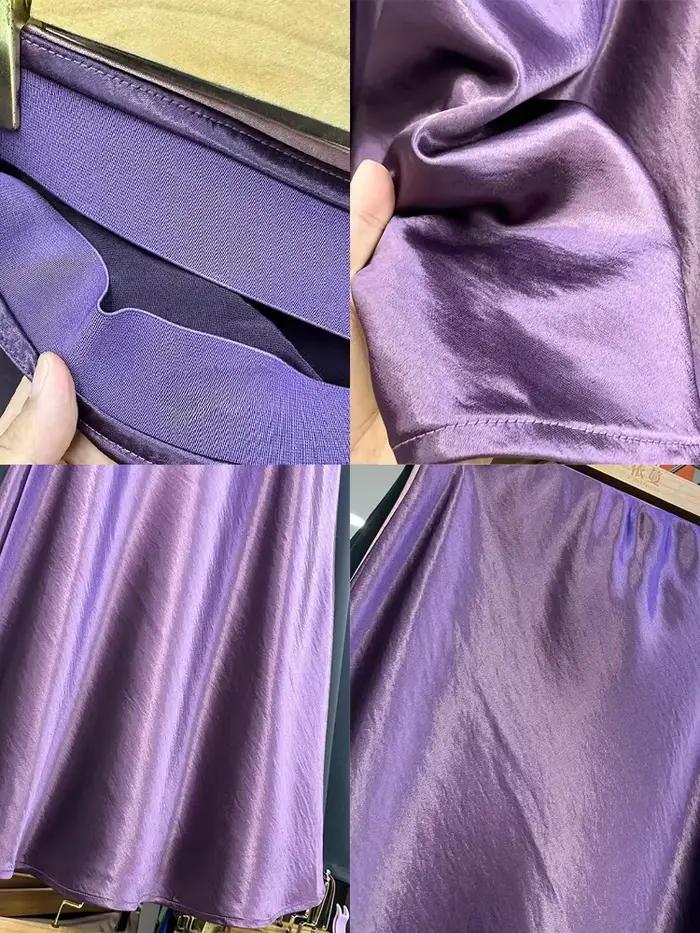 Jupe longue trapèze élégante en satin acétique violet pour femme