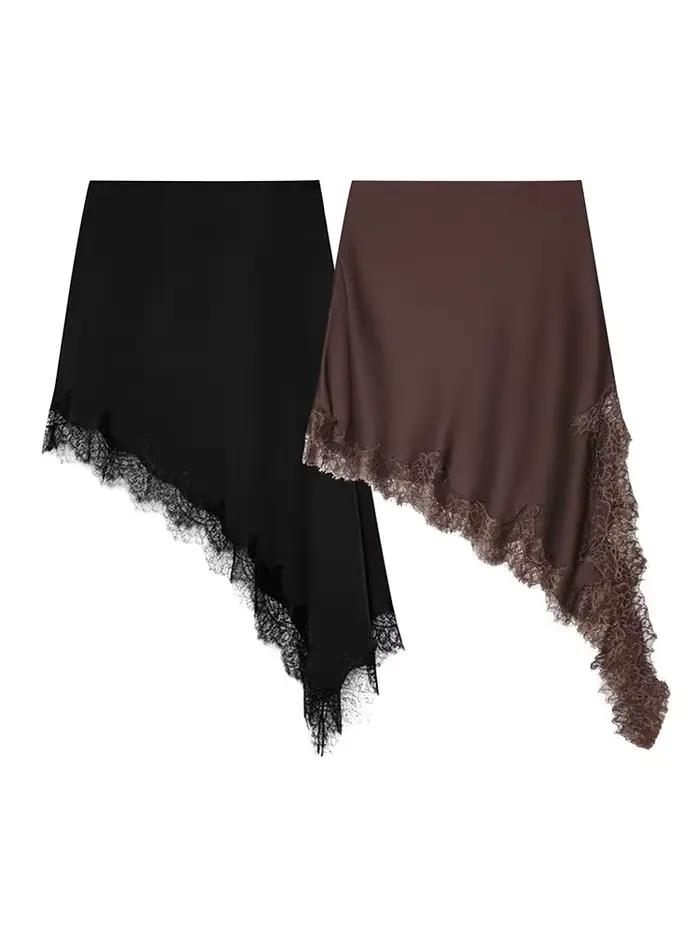 HH femmes nouvelle mode polyvalent Simple asymétrique dentelle jupe femme élégante Sexy soie Satin Texture taille