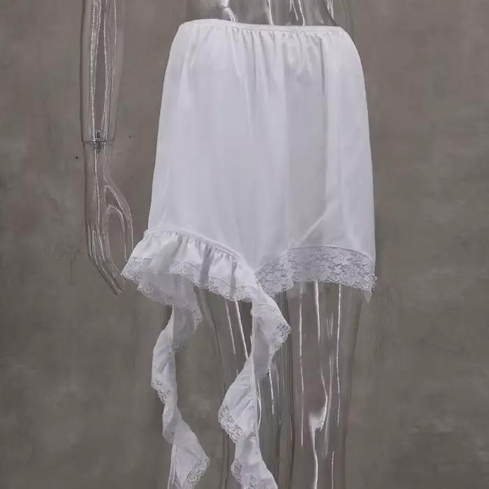 Été décontracté solide jupe femme 2025 Sexy dentelle blanc asymétrique Midi jupes rue Chic Satin taille haute