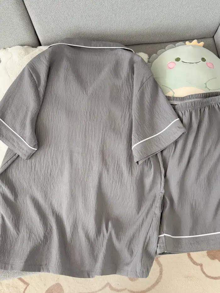 Ensemble de pyjama pour homme, coupe slim, nouveau, couleur unie, haut à manches courtes à col rabattu et short élastique, pyjama d'été, vêtements de détente, vêtements de nuit