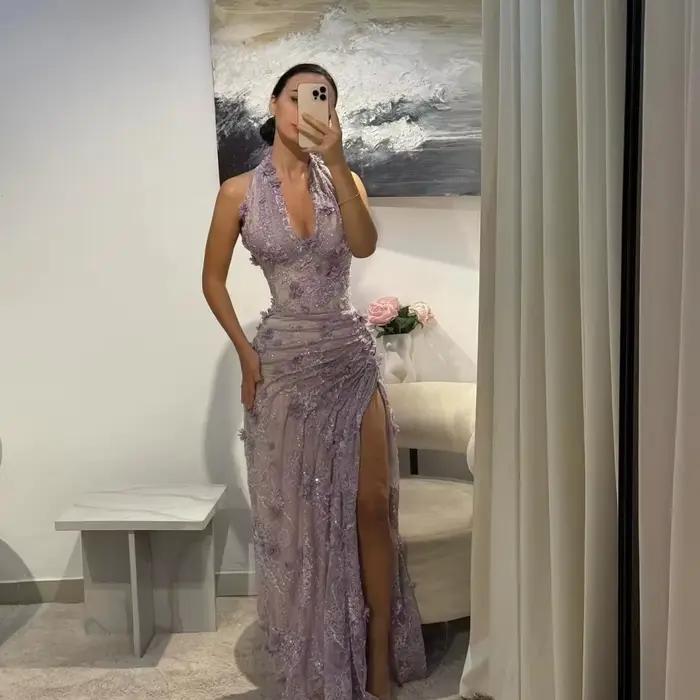 Robes de soirée rose en dentelle florale 3D plissée, robe de bal sirène à col halter avec fente latérale haute, longueur ras du sol, formelle