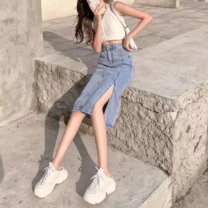 Jupes en jean femme Midi bleu taille haute avec fente jupe
