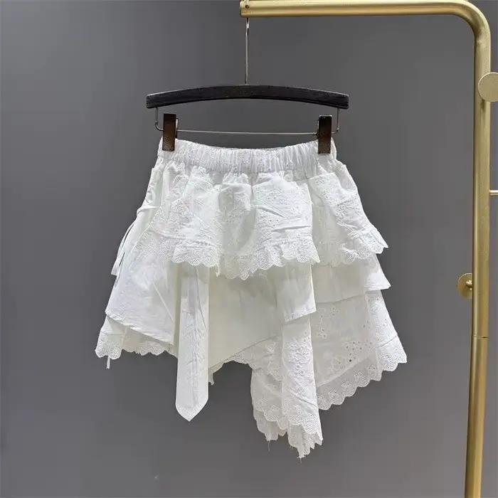 Été 2025 blanc asymétrique dentelle jupe femmes décontracté doux taille haute a-ligne Mini
