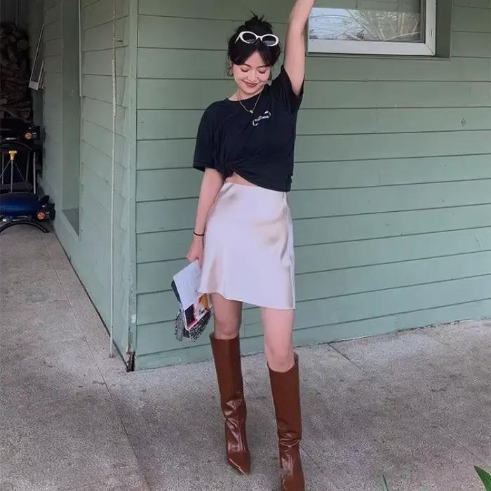 Jupe taille haute pour femme en satin triacétate
