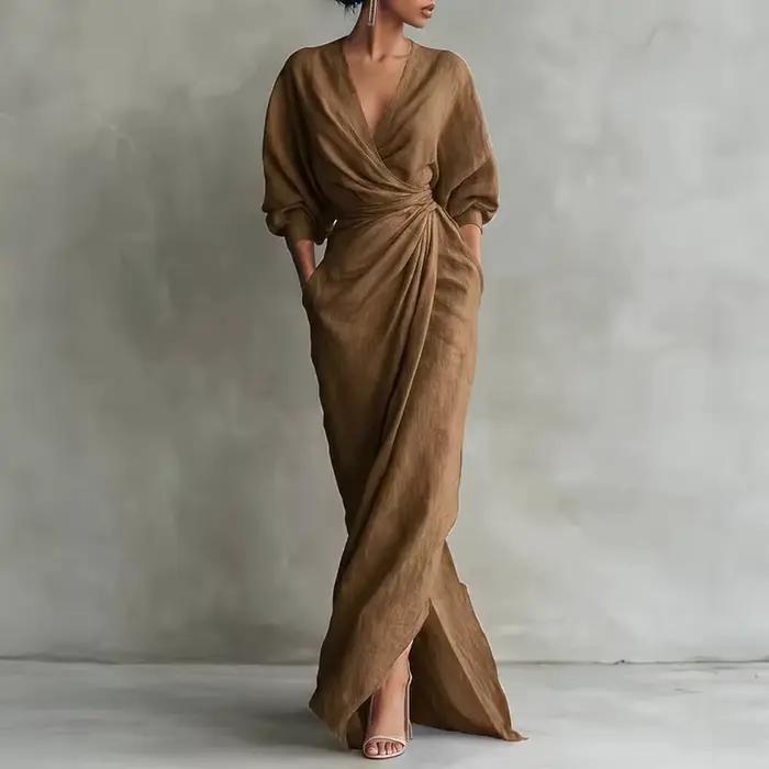 Robe longue décontractée bohème unie pour femme