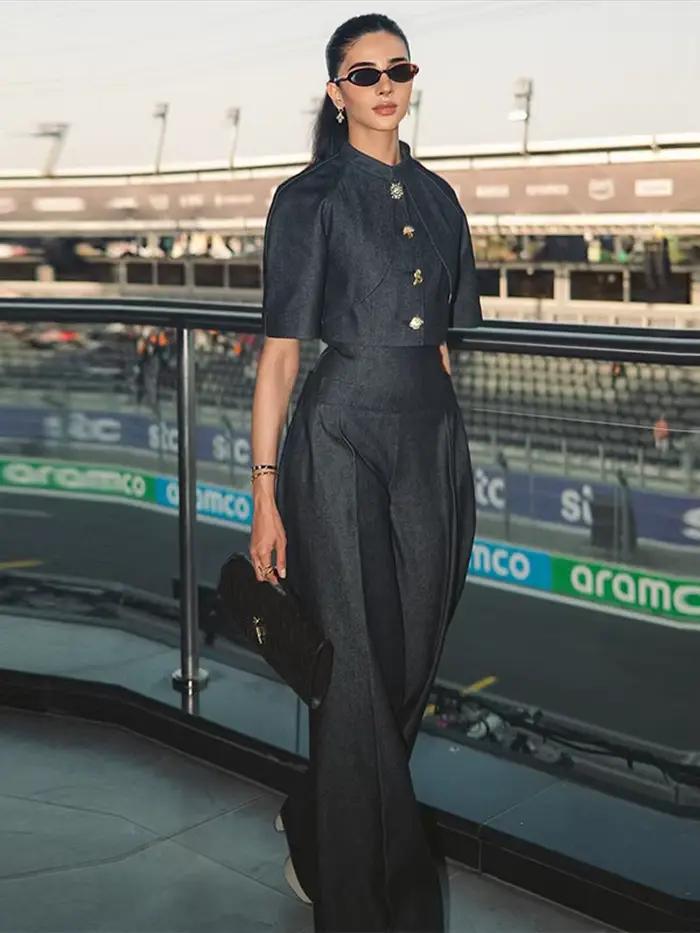 Ensemble tailleur-pantalon en jean pour femme, veste à manches mi-longues boutonnée et pantalon taille haute ample, élégant et chic