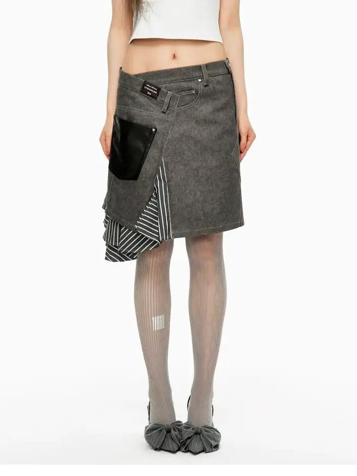 Jupe irrégulière épissée superposée polyvalente, jupe trapèze en jean mi-longue taille haute en détresse pour filles chaudes