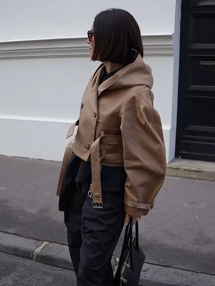 Veste courte à capuche avec Double ceinture pour femme