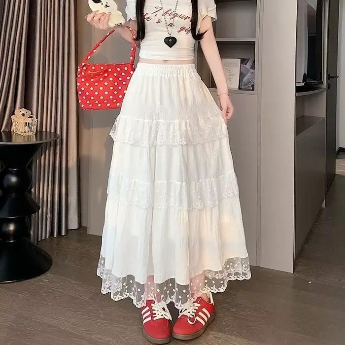 Jupes longues en tulle pour femmes, taille haute élastique, avec patchwork de dentelle, jupe à volants blancs, style A-line plissée et moelleuse