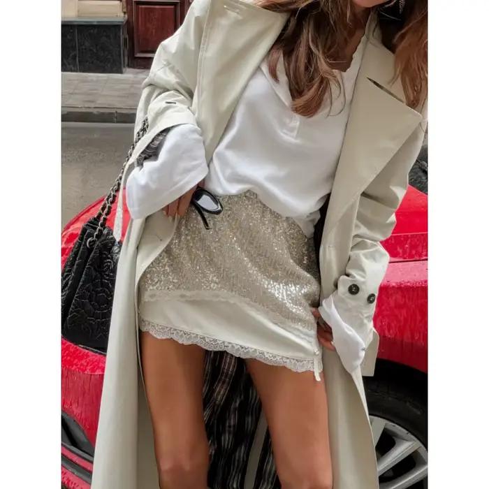 Ensemble haut à bretelles sans manches et jupe mi-longue en dentelle à paillettes sexy pour femmes – New Street Party 2 pièces