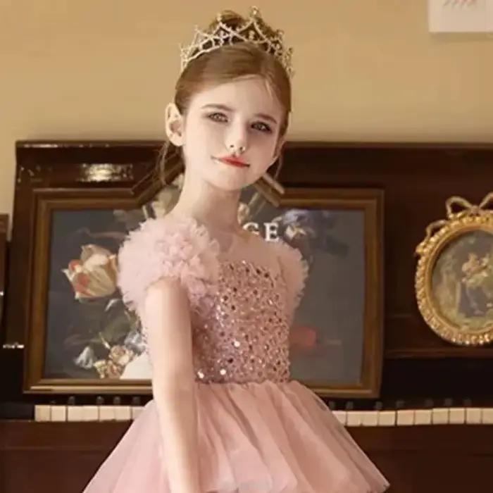 Robe longue 2025 rose paillettes filles robes de princesse vêtements enfants Pageant hôte Tulle fête d'anniversaire bébé robe enfants Costumes