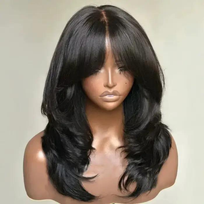 Perruque noire avec frange superposée vague de corps perruque avant en dentelle courte Bob dentelle frontale perruque 13x4 HD pré-épilée synthétique usage quotidien Cosplay