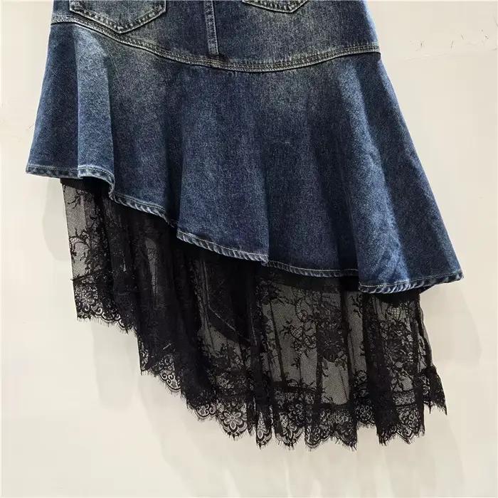 Jupe en jean asymétrique patchwork avec dentelle vintage pour femmes tailles hautes sorties nocturnes mode printemps été 2026