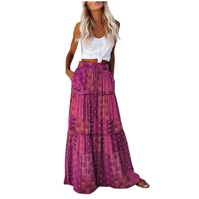 Jupe plissée taille haute à imprimé fleuri bohème pour femmes