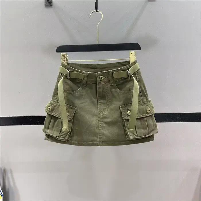 Jupe mini cargo taille haute pour femme, jupe utilitaire en denim de couleur unie avec poches, mode streetwear, jupe mini décontractée pour l'été