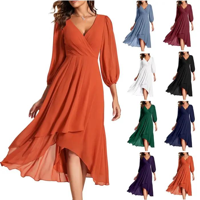 Robe en mousseline de soie fluide à plusieurs niveaux pour femme, robe trapèze plissée, col en V, manches longues, longueur midi, robe éducative, robe d'invité de mariage