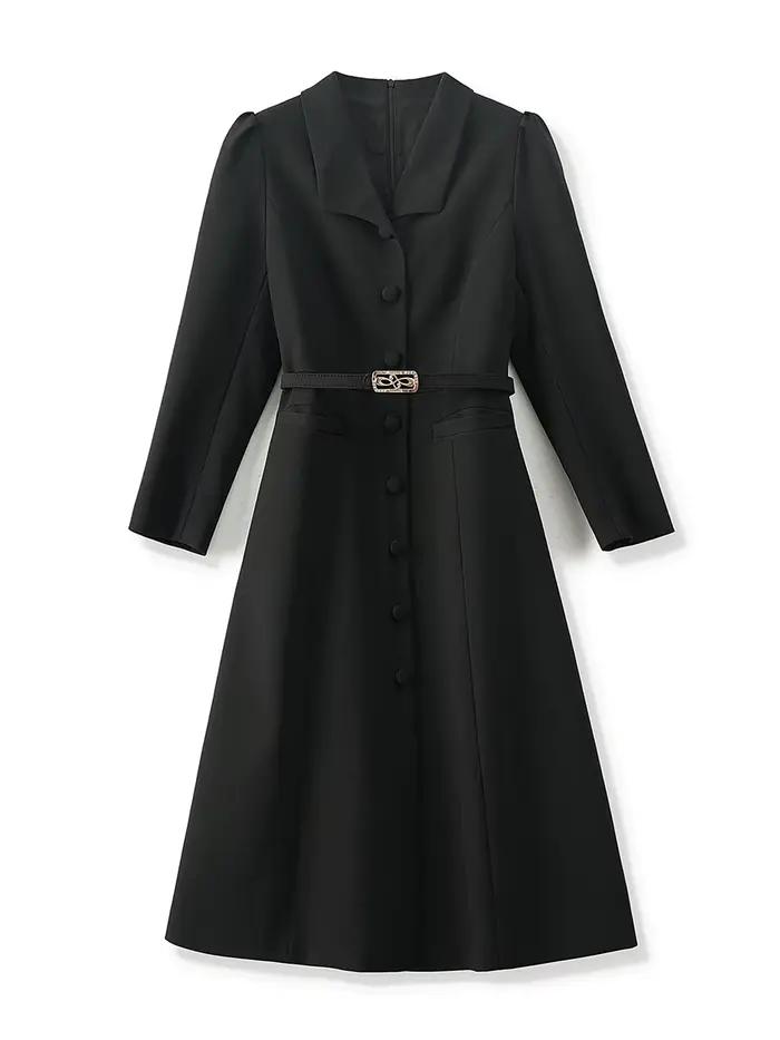 Robe longue à col rabattu pour femme avec ceinture à boutonnage simple