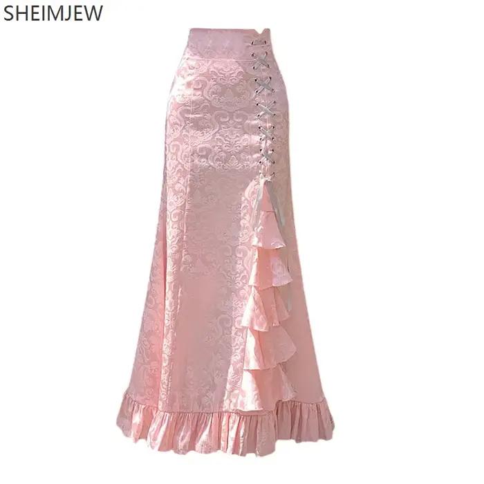 Jupe femme Style rétro jeu de rôle cour victorienne robe sirène longue Sexy à volants mince queue de poisson dentelle