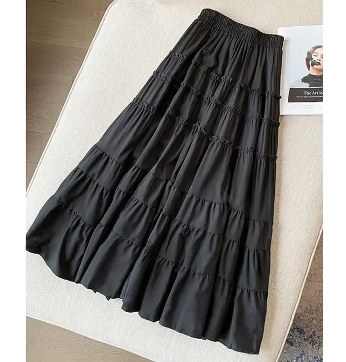 Qiukichonson-Jupe mi-longue en mousseline de soie pour femme, jupes d'été mignonnes, coutures à froufrous, taille haute, ligne A, volants, blanc, noir, mode