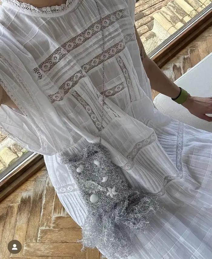 Robe midi noire en coton avec dentelle guipure, robe femme, nouvelle robe bohème d'été