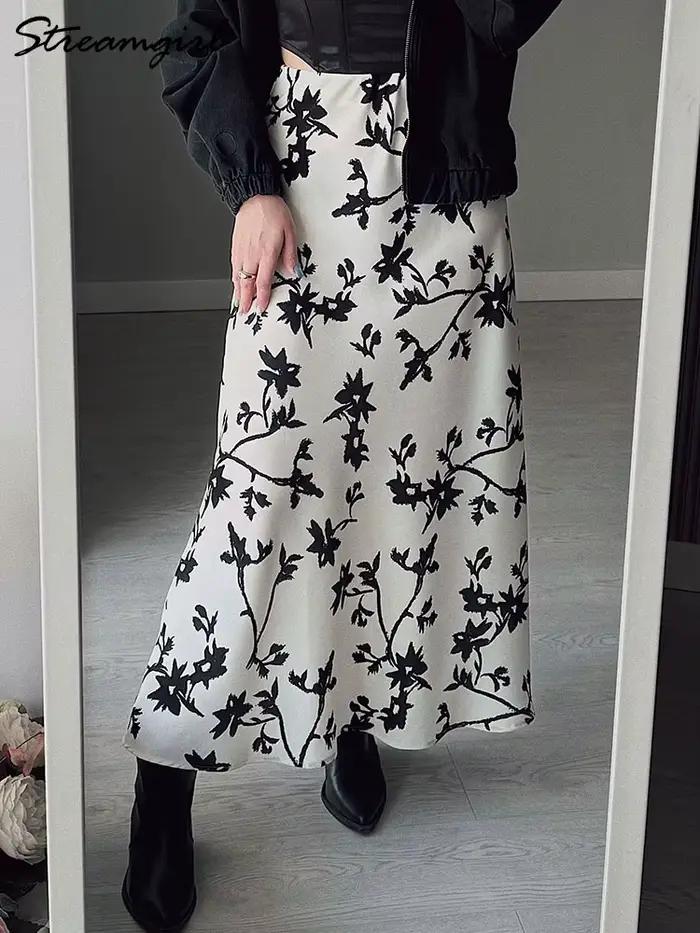 Vintage imprimé jupes femmes longue une ligne Satin