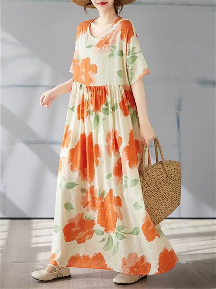 Coton Vintage à manches courtes robes florales pour femmes décontracté ample longue Robe Orange Femme Robe robes élégant vêtements d'été