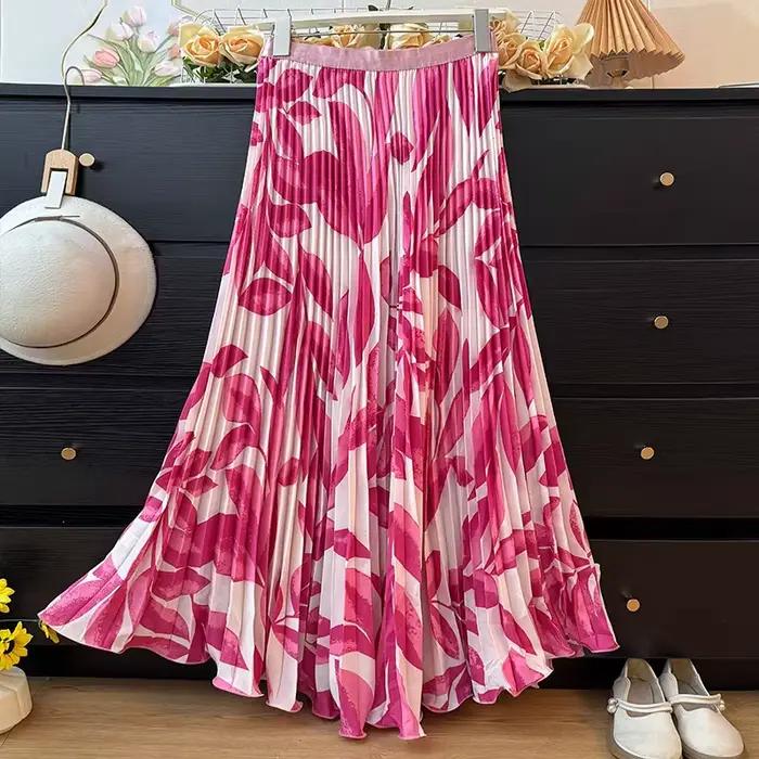 Jupe longue plissée taille haute à imprimé floral vintage pour femmes grandes tailles