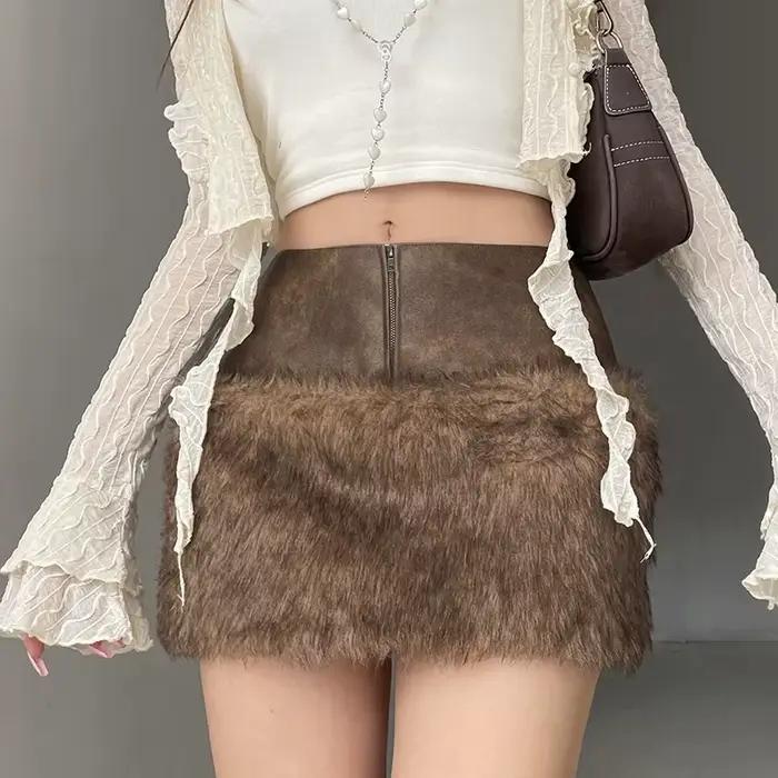 Vintage Patchwork Pu cuir fourrure jupe femmes 2024 hiver mode mince taille moyenne Mini jupes