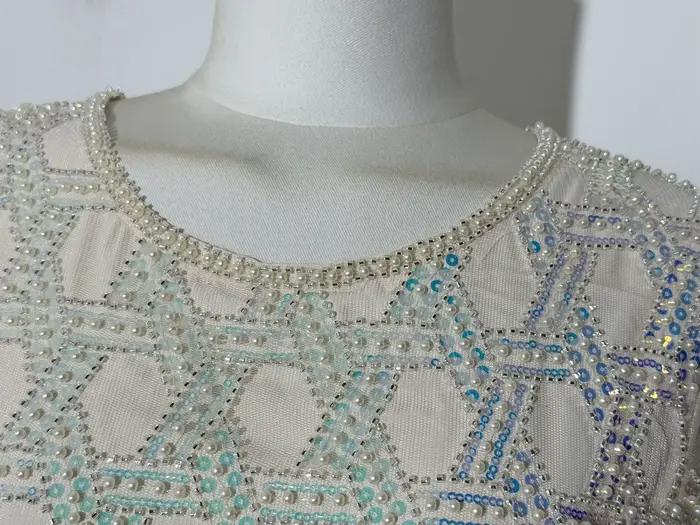 Glamour irisé femmes nouvelle paillettes perle perlée motif géométrique scintillant embelli col rond manches courtes maille robe mi-longue