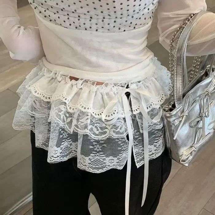 INS Lolita jupe courte Y2k blanc à volants une pièce ceinturée superposition dentelle