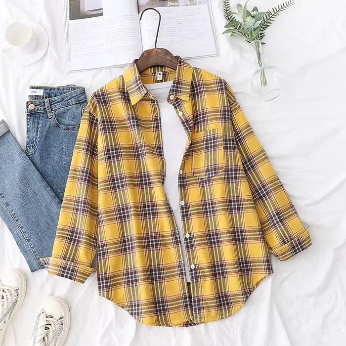 Chemise à carreaux pour femmes, chemisier et hauts amples et décontractés, Style collège frais, chemises à manches longues, vêtements pour femmes, nouvelle collection 2025