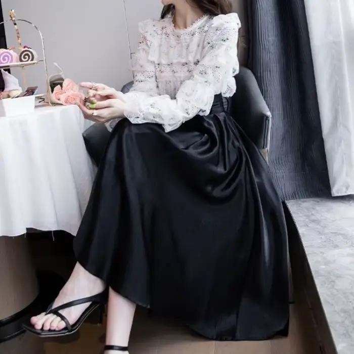 Jupe midi noire taille haute pour femme
