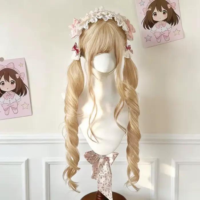 Perruque longue blonde double queue de cheval style Lolita avec frange, boucles princesse, synthétique, noire et marron, pour fille, cosplay, Halloween, Harajuku