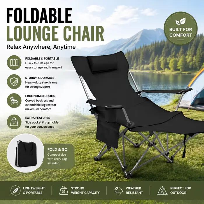 Chaise longue pliante d'extérieur avec repose-pieds et appui-tête, chaise de camping pliable robuste avec porte-gobelet et poche de rangement