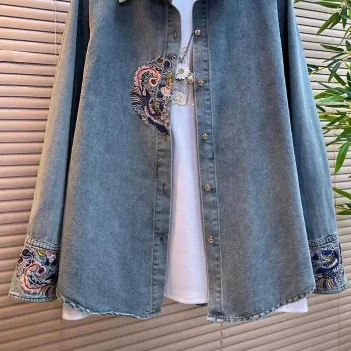 Chemise en jean femme 2025 nouveau printemps été broderie ample à manches longues dames hauts Style rétro mode coréenne femme Blouse