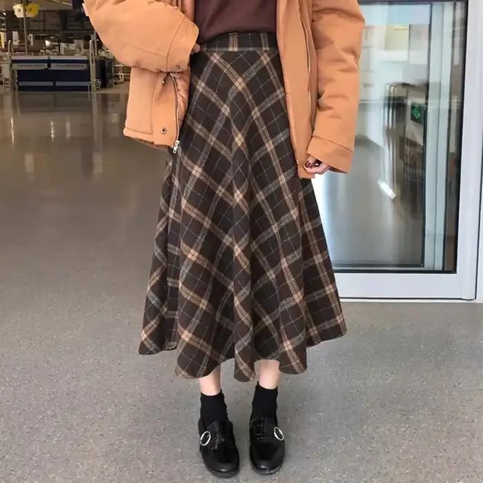 Lucyever-Jupes à carreaux en laine vintage pour femmes