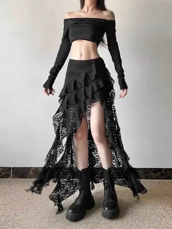 Jupe noire en dentelle Patchwork à volants pour femmes Y2k Grunge taille haute