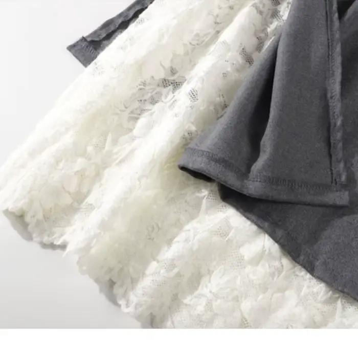 Mori Girl Style Vintage gris dentelle nœud Tweed Maxi jupe automne hiver mode Simple taille haute a-ligne volants