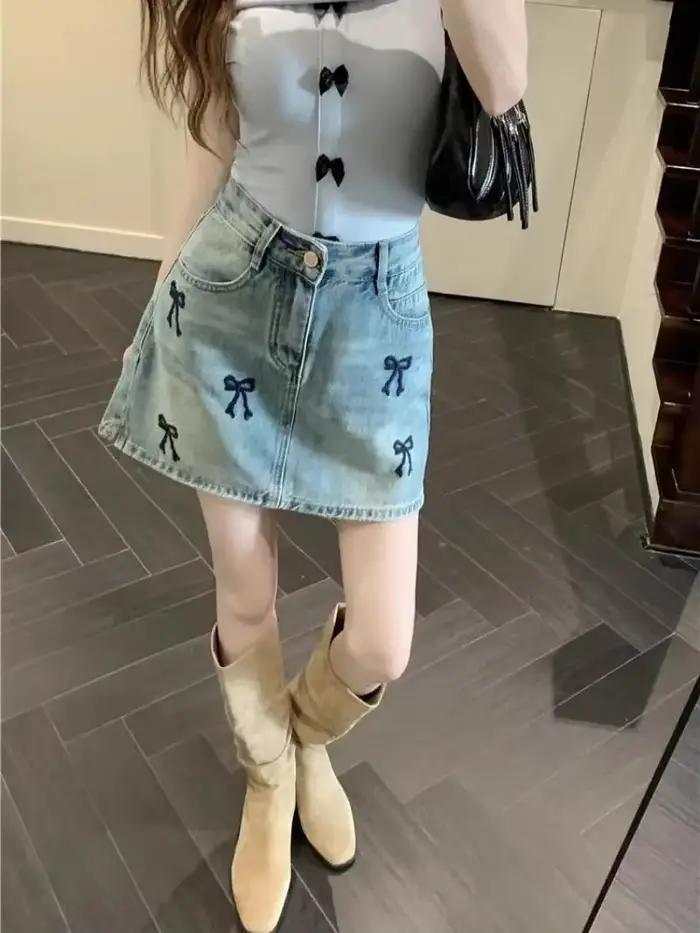 Jupe en jean brodée bleue pour femmes, taille haute, courte, Streetwear, qualité supérieure, Style coréen, Vintage Y2k