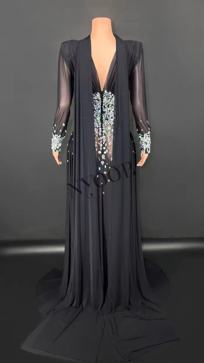 Robe longue élégante en strass pour femmes, maille Sexy transparente, tenue de soirée, bal d'anniversaire, séance Photo