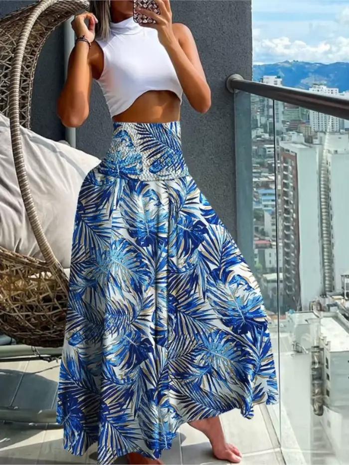Femmes mode imprimé fleuri jupe décontracté taille haute jupes longues amples