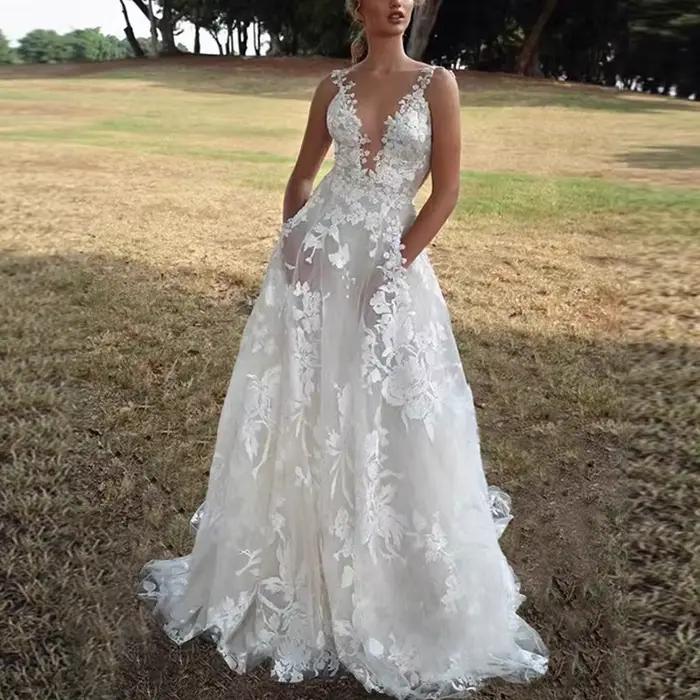 Robes pour femmes 2026 – Robes de mariée européennes en dentelle bouffante, sexy, blanches, à col halter, longues, pour demoiselles d'honneur – Vêtements féminins, vestidos