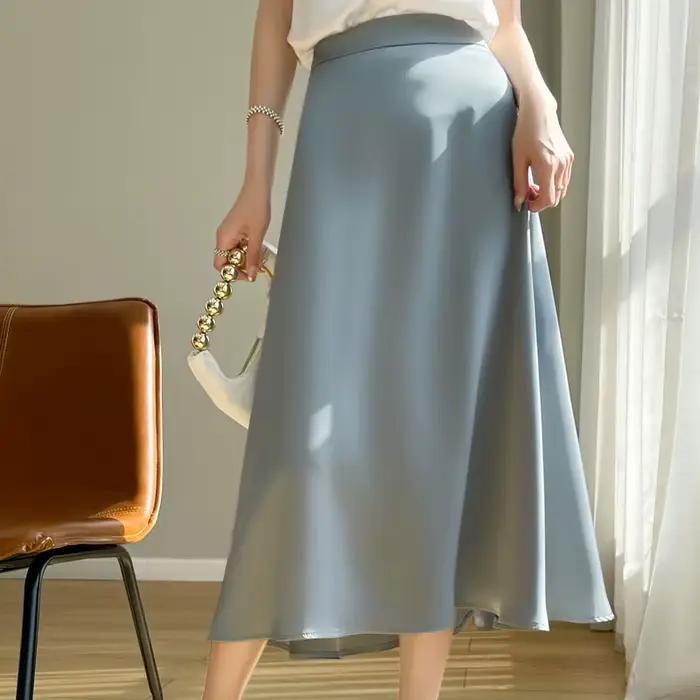 Jupe mi-longue trapèze en satin acétique pour femme, taille haute et coupe slim, idéale printemps-été