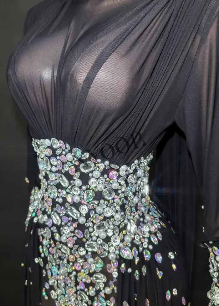 Robe longue élégante en strass pour femmes, maille Sexy transparente, tenue de soirée, bal d'anniversaire, séance Photo