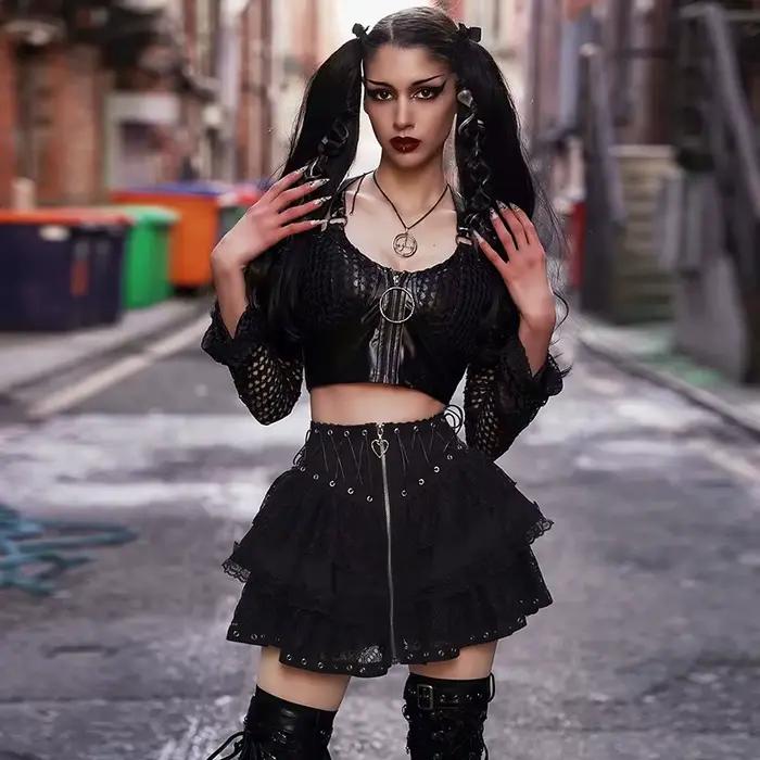 Gothique patineuse Punk Vintage taille haute jupe femmes fermeture éclair avant Style japonais Kawaii noir Harajuku Cosplay Mini jupes