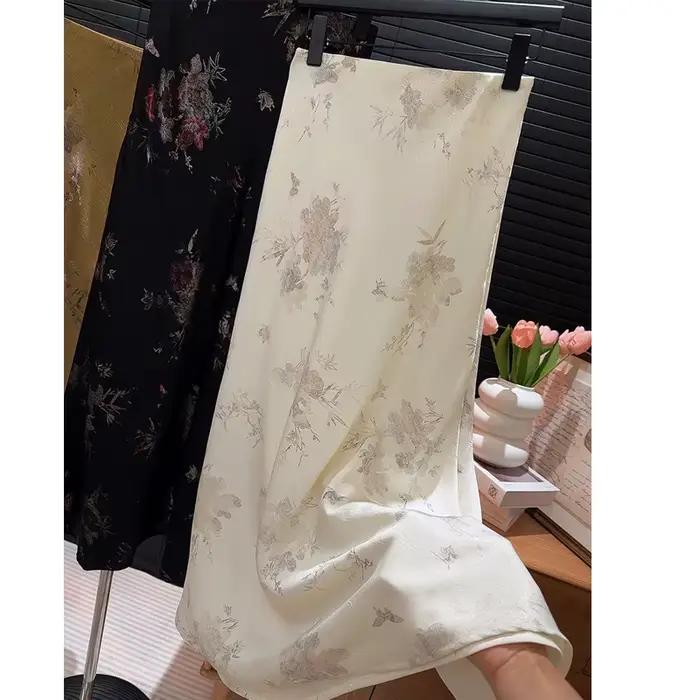 2025 nouveauté femmes élégant Vintage jupe taille haute fleur Sexy Satin Maxi jupes Faldas Femme Streetwear