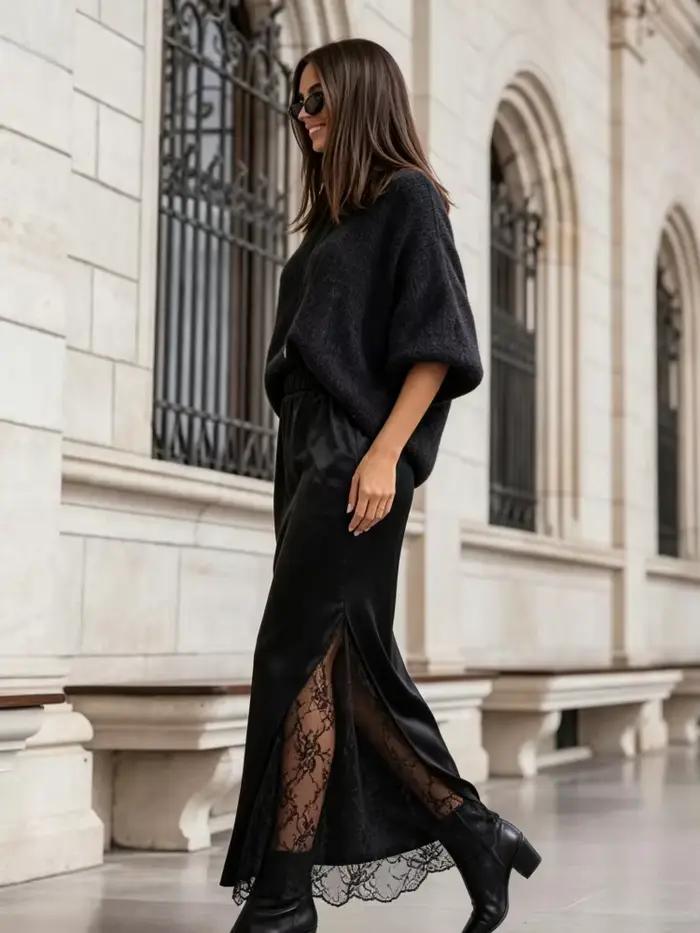 Jupe midi pour femmes, noire, en dentelle, avec fente latérale, longue, taille élastique, élégante, pour le streetwear, le bureau, les soirées et le quotidien.