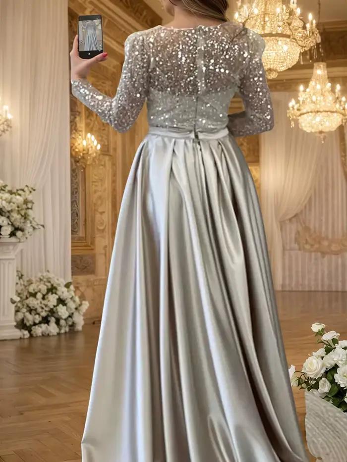 Robe de soirée glamour à paillettes pour femmes, col rond, manches longues, froncée, moulante, silhouette élégante, soirée de gala, cérémonie de remise de prix, mariage