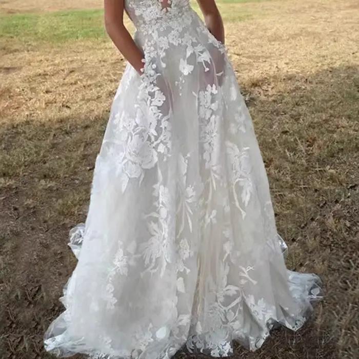 Robes pour femmes 2026 – Robes de mariée européennes en dentelle bouffante, sexy, blanches, à col halter, longues, pour demoiselles d'honneur – Vêtements féminins, vestidos